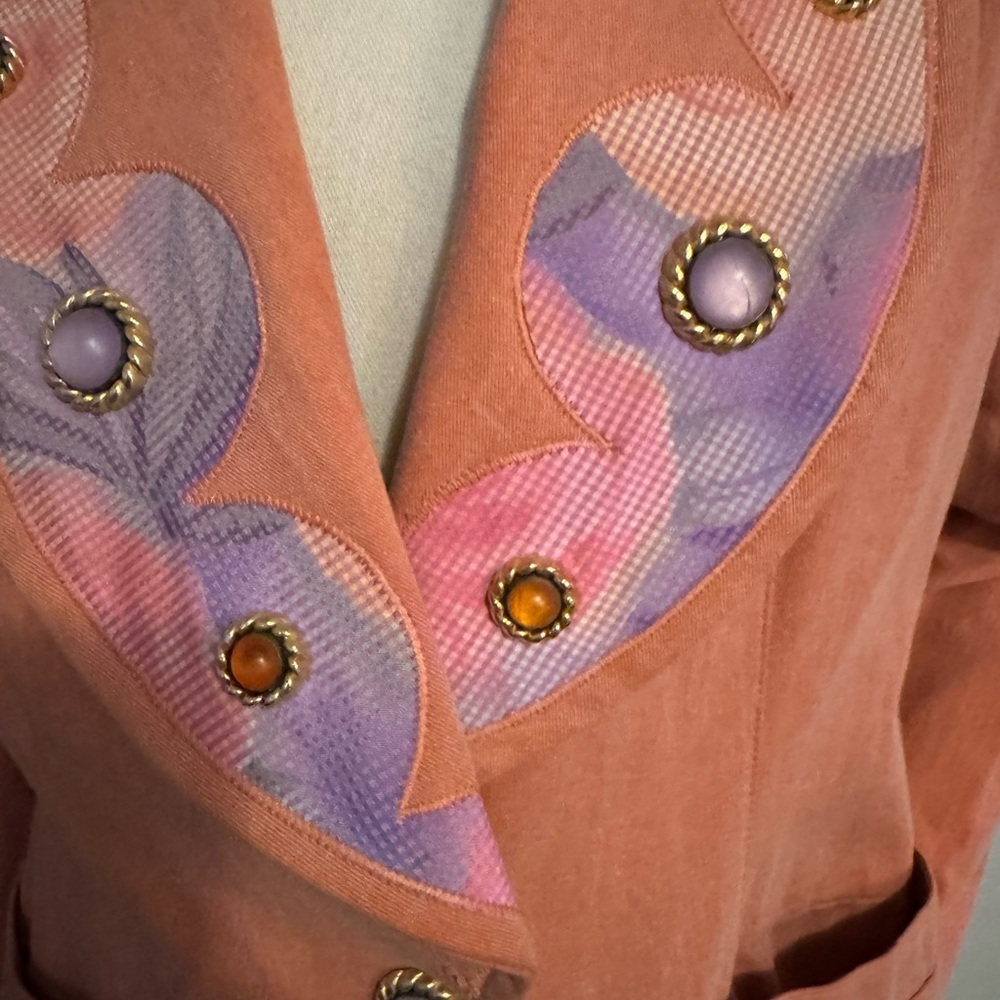 Lace vintage Women's Coral Blazer with Embellished Lapel. Ptp 19”lenght 24” - Picture 7 of 11